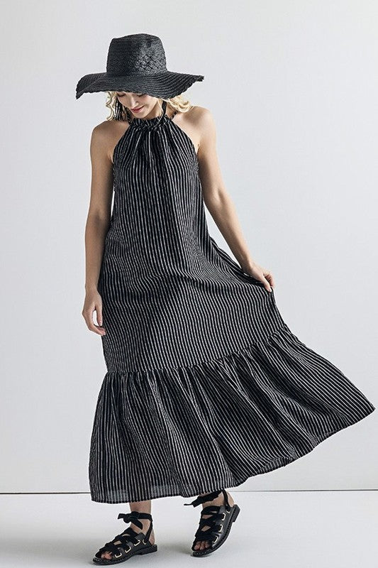 Striped High Ruffle Neckline Tiered Maxi Dress Noflik