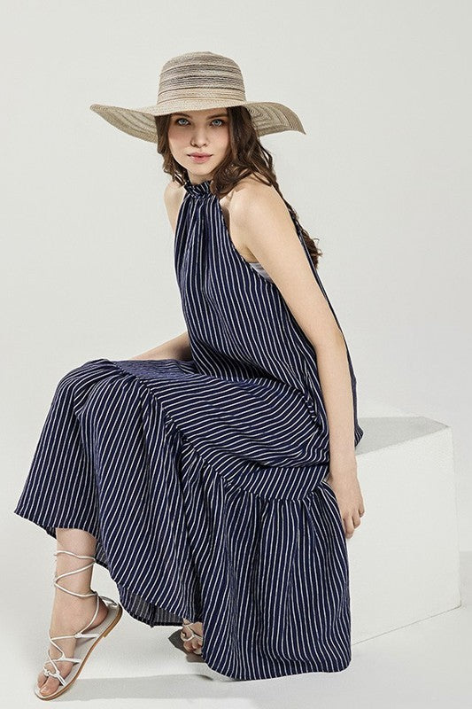 Striped High Ruffle Neckline Tiered Maxi Dress Noflik