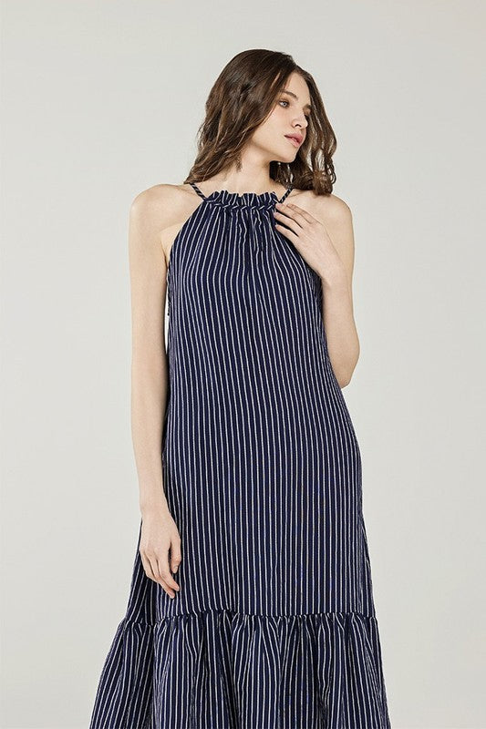 Striped High Ruffle Neckline Tiered Maxi Dress Noflik Navy/White S
