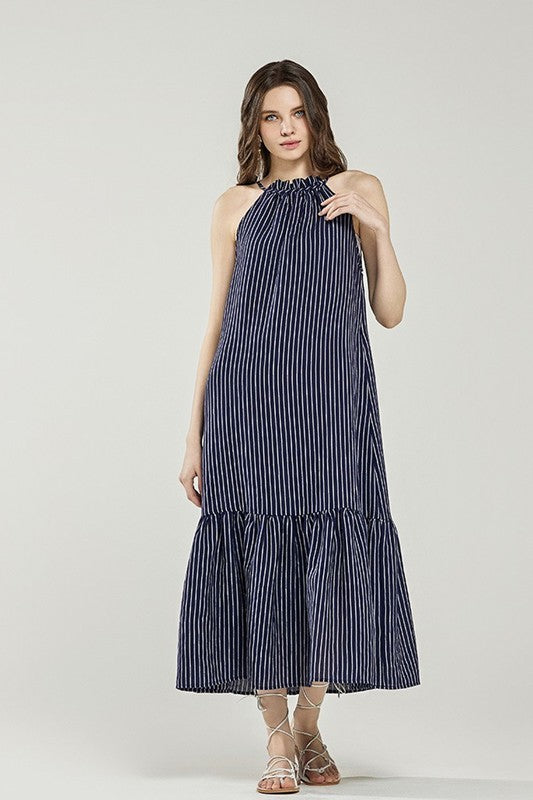 Striped High Ruffle Neckline Tiered Maxi Dress Noflik