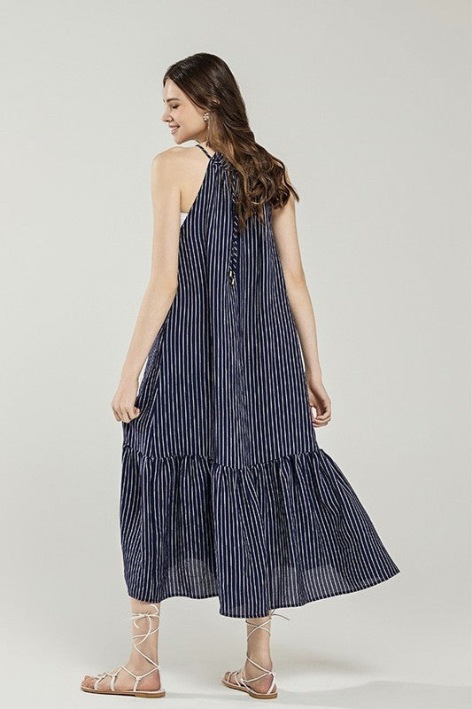 Striped High Ruffle Neckline Tiered Maxi Dress Noflik