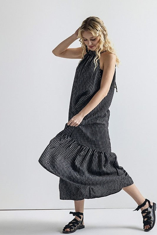 Striped High Ruffle Neckline Tiered Maxi Dress Noflik Black/White S