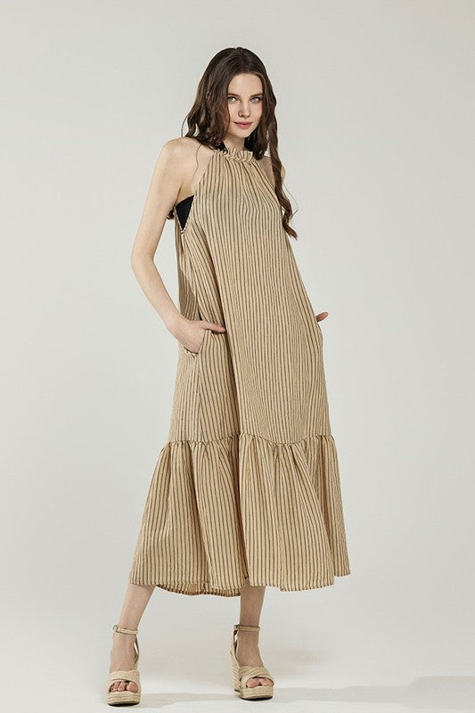Striped High Ruffle Neckline Tiered Maxi Dress Noflik Taupe/Black S