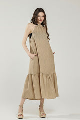 Striped High Ruffle Neckline Tiered Maxi Dress Noflik Taupe/Black S