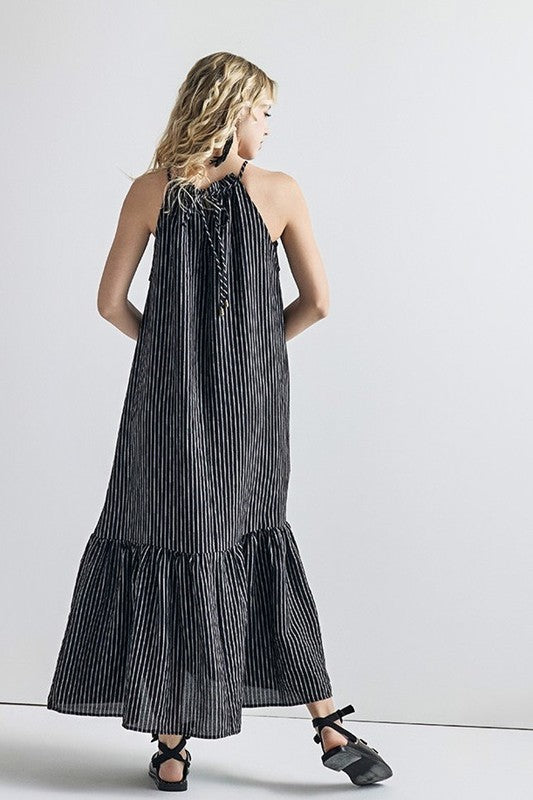 Striped High Ruffle Neckline Tiered Maxi Dress Noflik