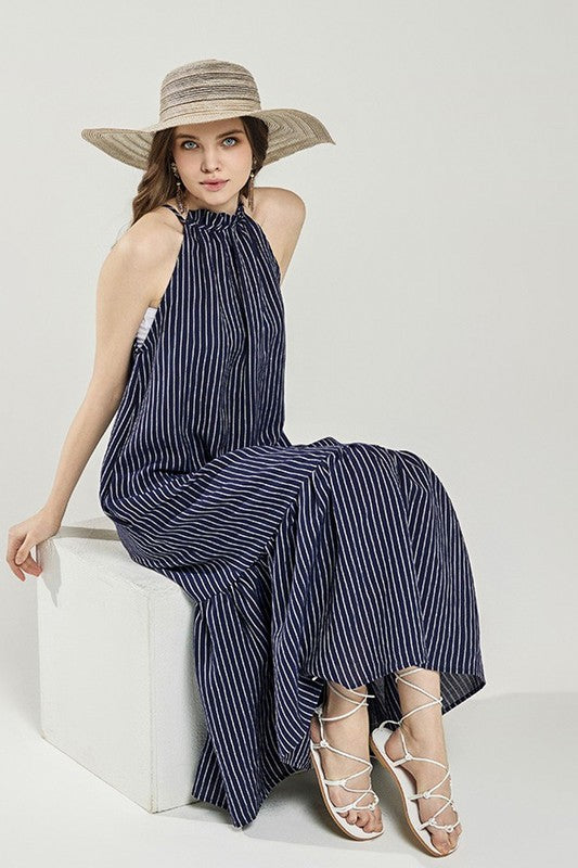 Striped High Ruffle Neckline Tiered Maxi Dress Noflik