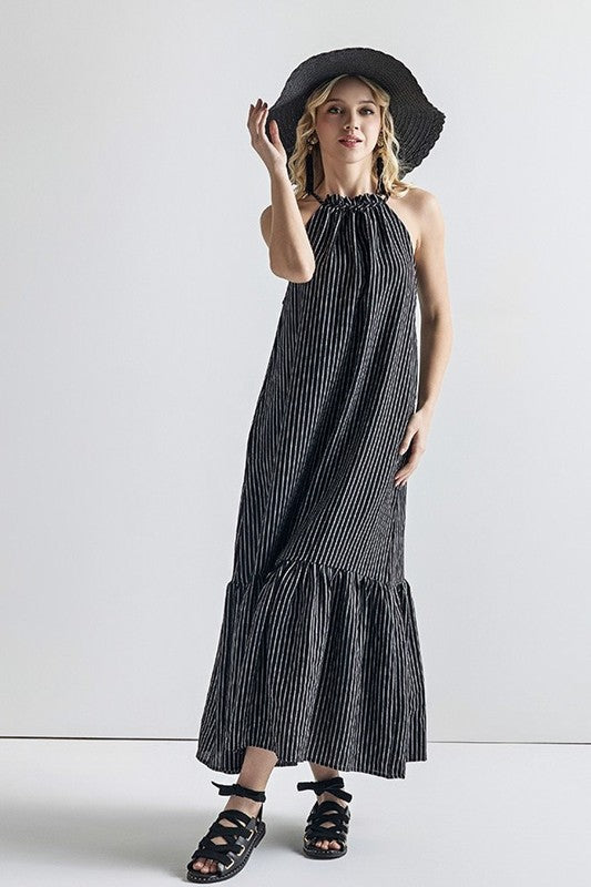 Striped High Ruffle Neckline Tiered Maxi Dress Noflik