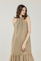 Striped High Ruffle Neckline Tiered Maxi Dress Noflik