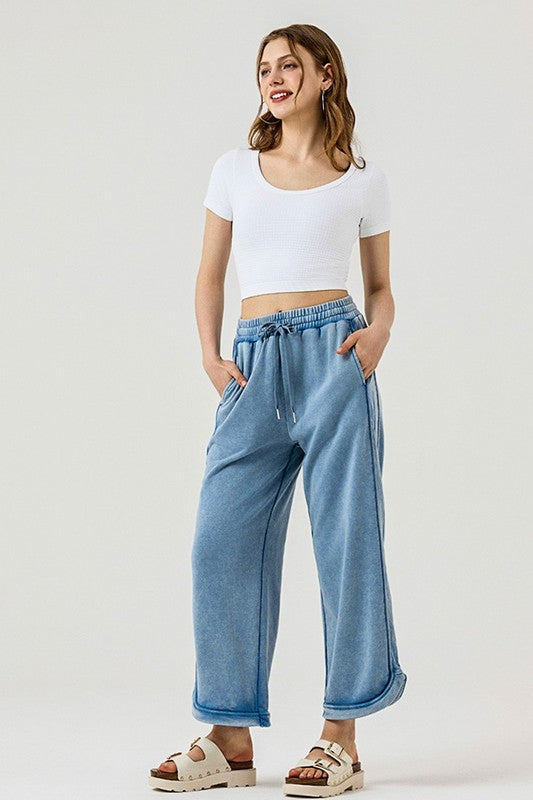 Dolphin Tail Wide Leg Mineral Washed Pants noflik Fade Blue S