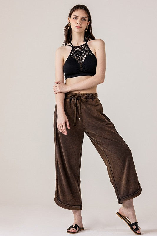Plus Dolphin Tail Wide Leg Mineral Washed Pants noflik Brown XL