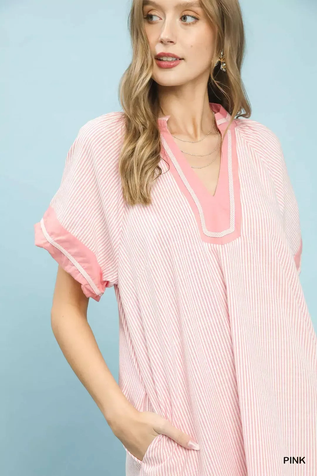 Pinstripe Contrast Trim Midi Dress Umgee