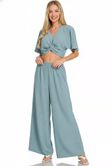 Zenana Woven Airflow Twisted Top & Wide Leg Pants Set Trendsi