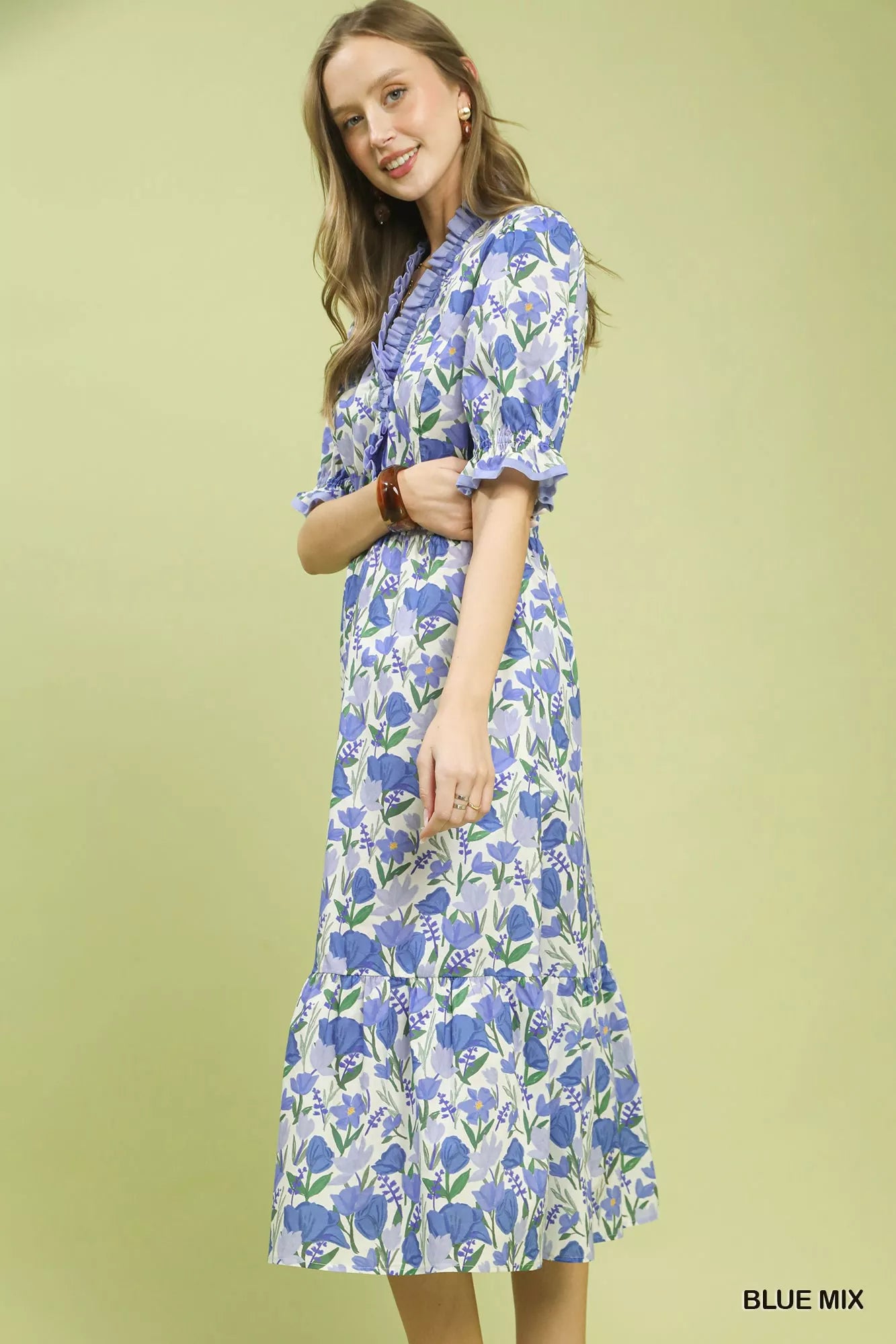 Floral Ruffle Trim Tiered Midi Dress Umgee