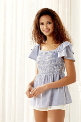 Square Neck Ruffle Sleeve Smocked Top Noflik