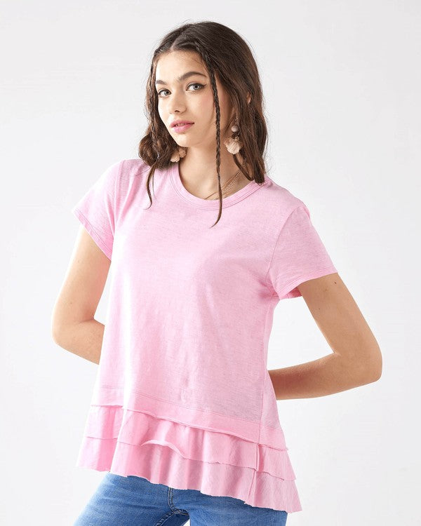 Junior Layered Ruffle Hem Short Sleeve Cotton Tee Noflik Pink S