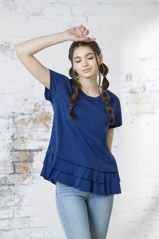 Junior Layered Ruffle Hem Short Sleeve Cotton Tee Noflik Navy S