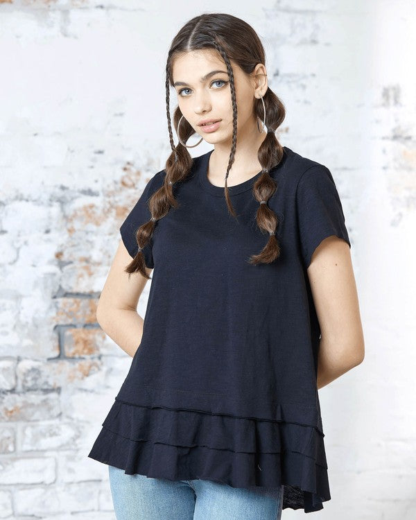 Junior Layered Ruffle Hem Short Sleeve Cotton Tee Noflik Black S