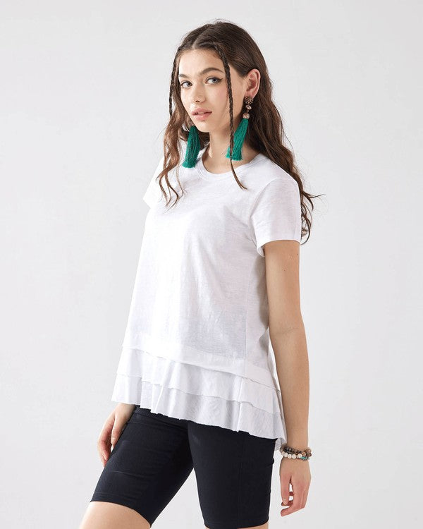 Junior Layered Ruffle Hem Short Sleeve Cotton Tee Noflik white S