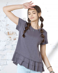 Junior Layered Ruffle Hem Short Sleeve Cotton Tee Noflik Charcoal S