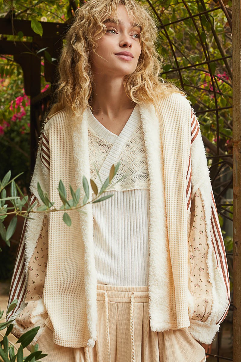 Open Front Waffle Knit Fleece Mix Cardigan POL Cream S 