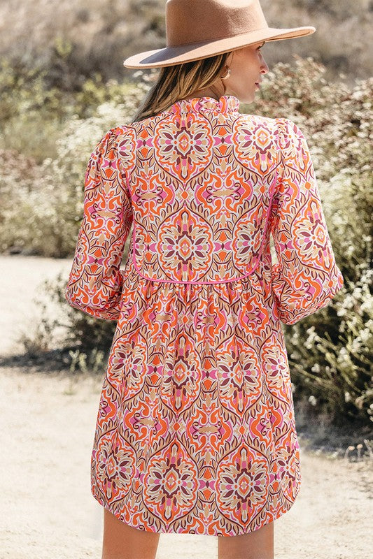 Vintage Inspired Boho Long Sleeve Tied Neckline Mini Dress YNIQUE