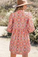 Vintage Inspired Boho Long Sleeve Tied Neckline Mini Dress YNIQUE