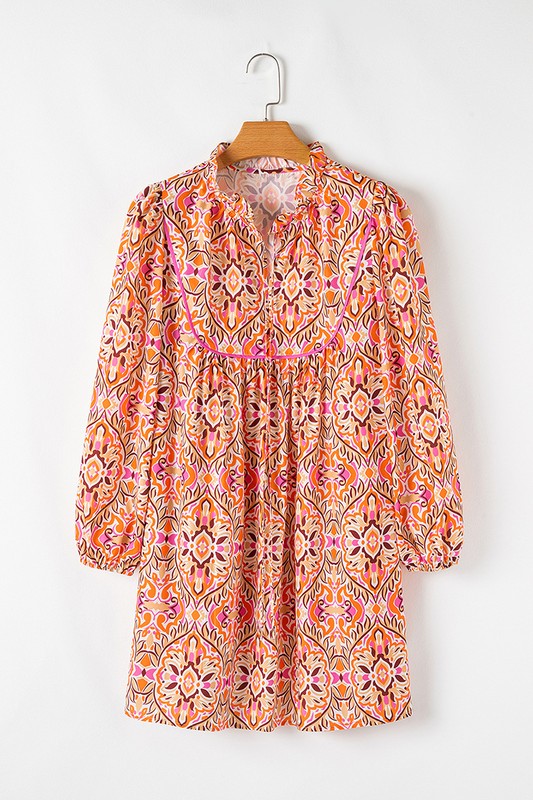 Vintage Inspired Boho Long Sleeve Tied Neckline Mini Dress YNIQUE