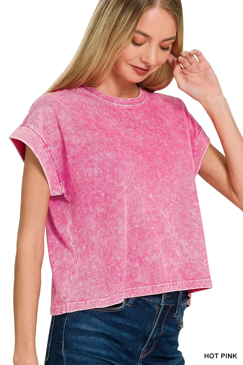 Halo Washed Cotton Cuffed Short Sleeve Top ZENANA