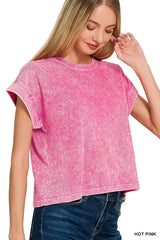 Halo Washed Cotton Cuffed Short Sleeve Top ZENANA