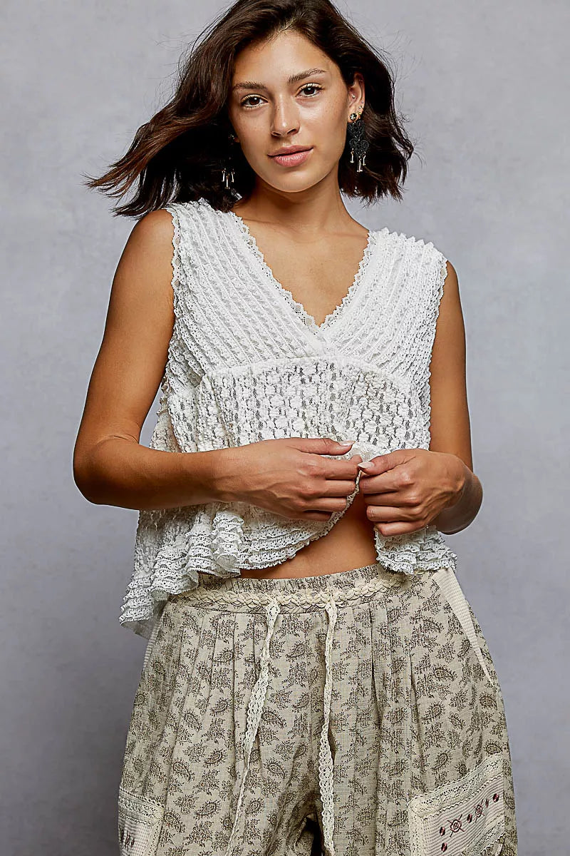 Textured Lace Cropped Tank with Trim Detail POL