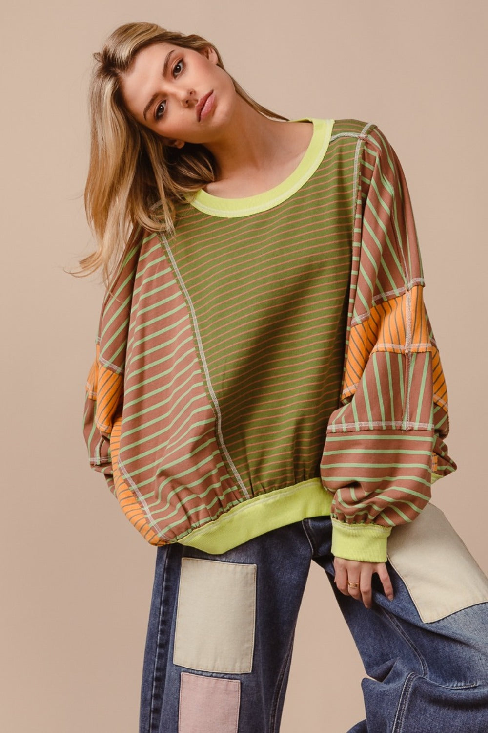 Color Block Striped Round Neck Sweatshirt BiBi   