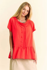 Solid Lace Trim Neck Short Sleeve Peplum Top Davi & Dani