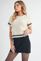 Round Neck Short Sleeve Tweed Sweater Aemi + Co Cream S