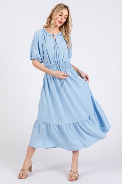 Smocked Elastic Waist Tie Neck Puff Sleeve Dress Ces Femme