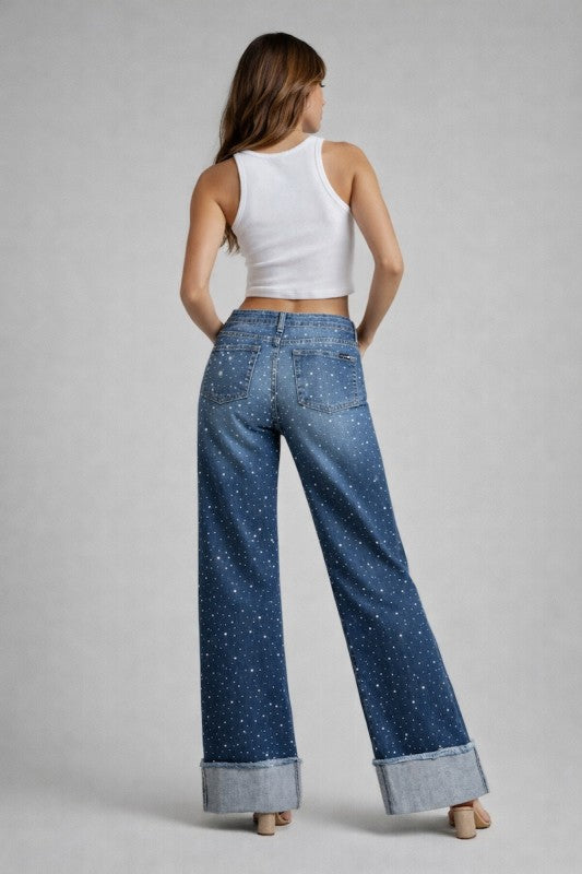 Luxe Low Rise Rhinestone Jean Medium Blue GJG Denim