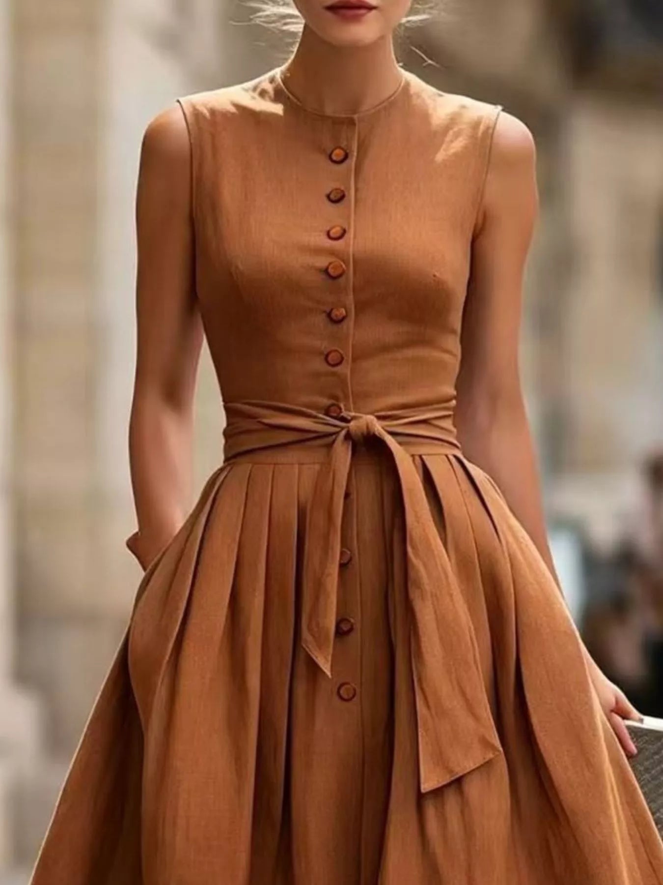 Sleeveless Button-Front Belted Midi Dress Simmer & Fay
