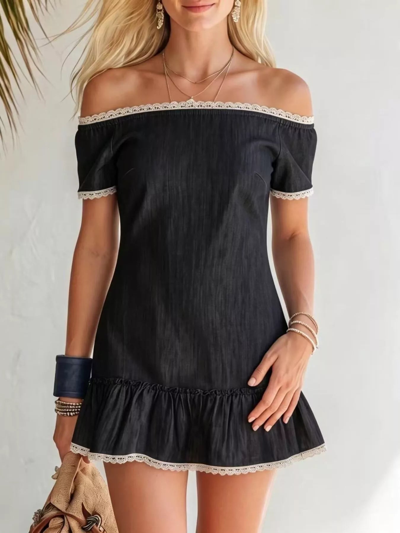 Lace Detail Off Shoulder Mini Dress Simmer & Fay Black S