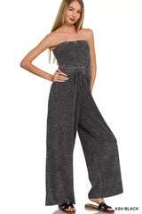 Zenana Acid Washed Strapless Tube Top Jumpsuit Trendsi ASH BLACK S