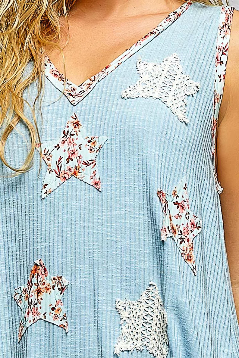 Washed Ribbed V-Neck Tank with Floral Print Star Patch POL