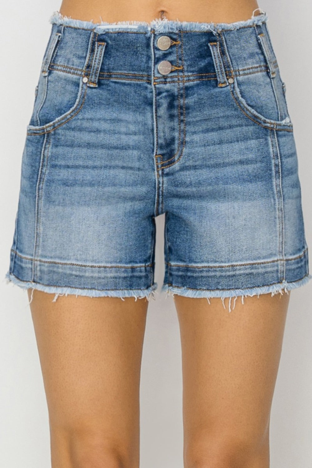 High Rise Seam Detailed Raw Edge Denim Shorts Risen   