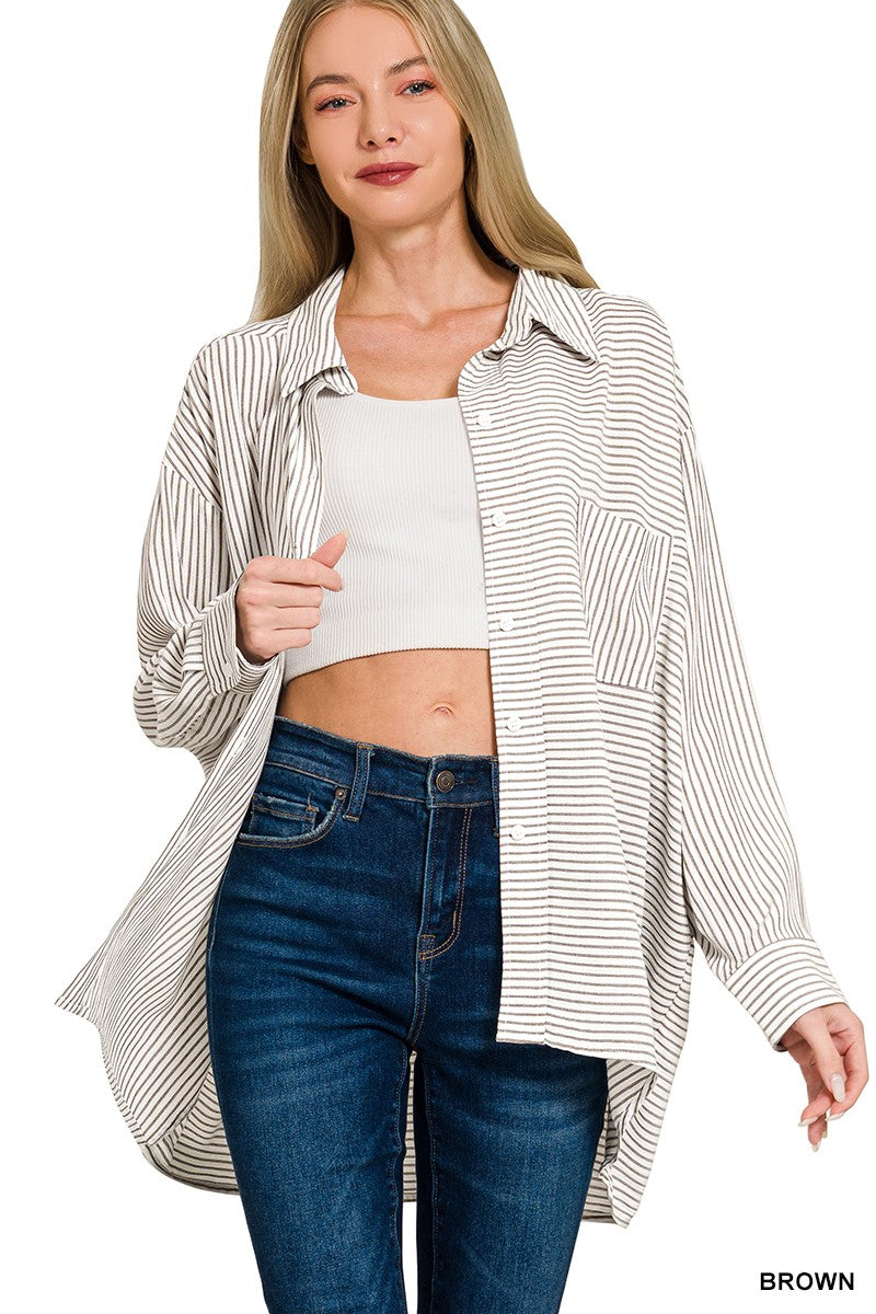 Woven Stripe Button Down Shirt ZENANA