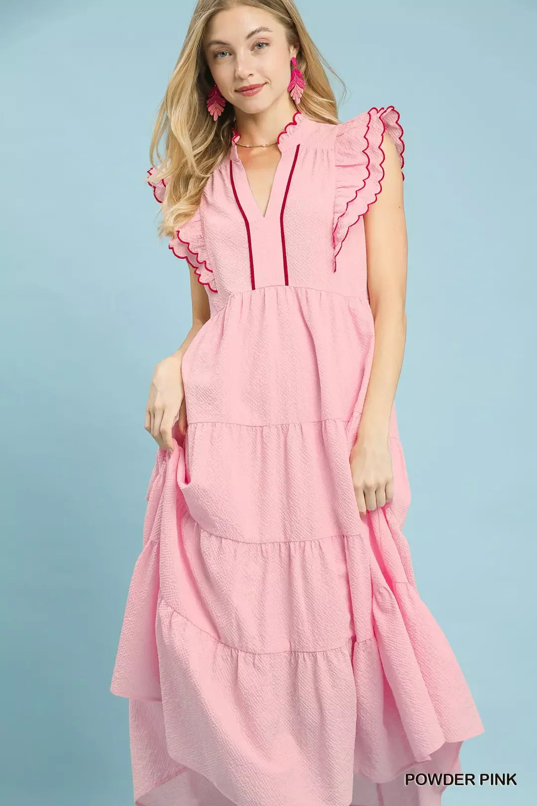 Seersucker Ruffle Sleeve Tiered Midi Dress Umgee POWDER PINK S