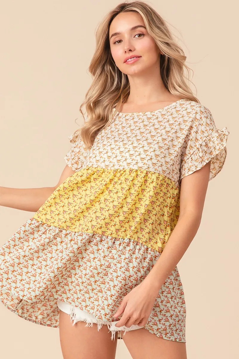 Floral Printed Woven Color Block and Tiered Top BiBi