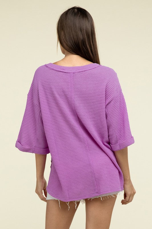 Brushed Waffle Relaxed 3/4 Sleeve Top ZENANA   