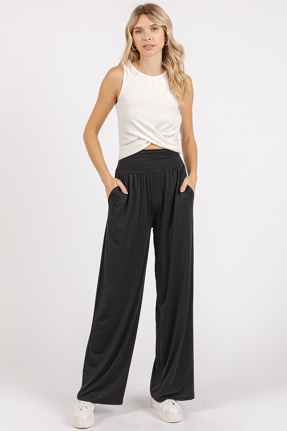 Stretch Banded Waist Wide Leg Pants with Pockets Mittoshop   