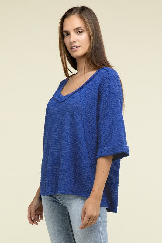 Brushed Waffle Relaxed 3/4 Sleeve Top ZENANA   