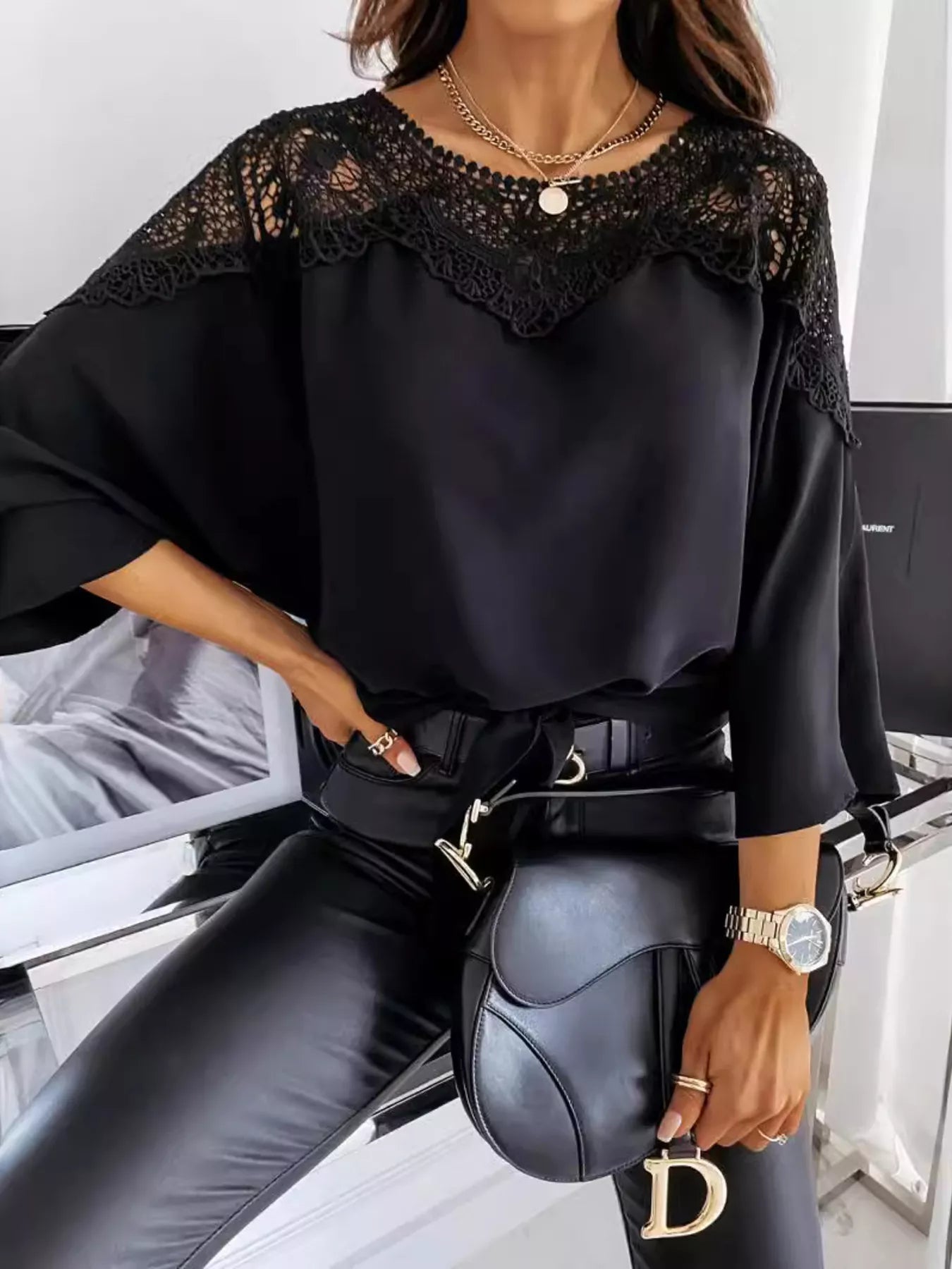 Lace Trim Long Sleeve Blouse Simmer & Fay Black S
