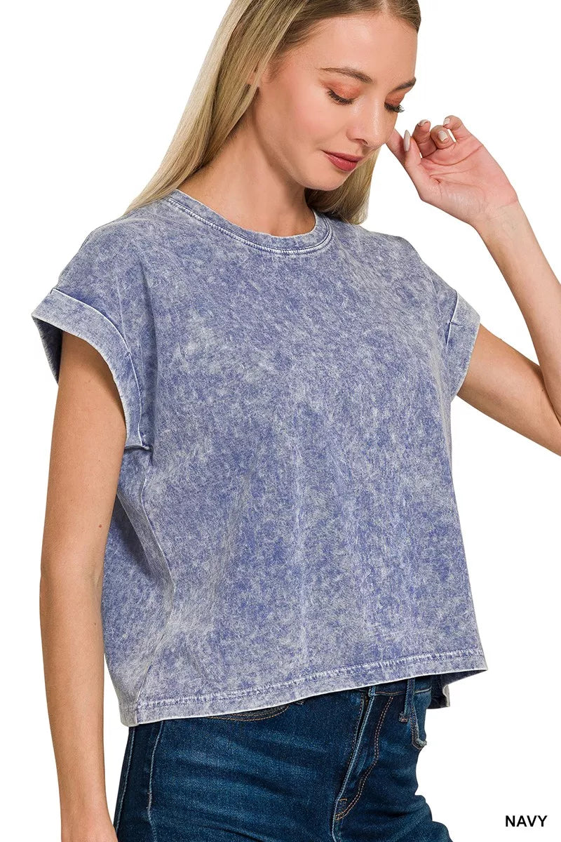 Halo Washed Cotton Cuffed Short Sleeve Top ZENANA