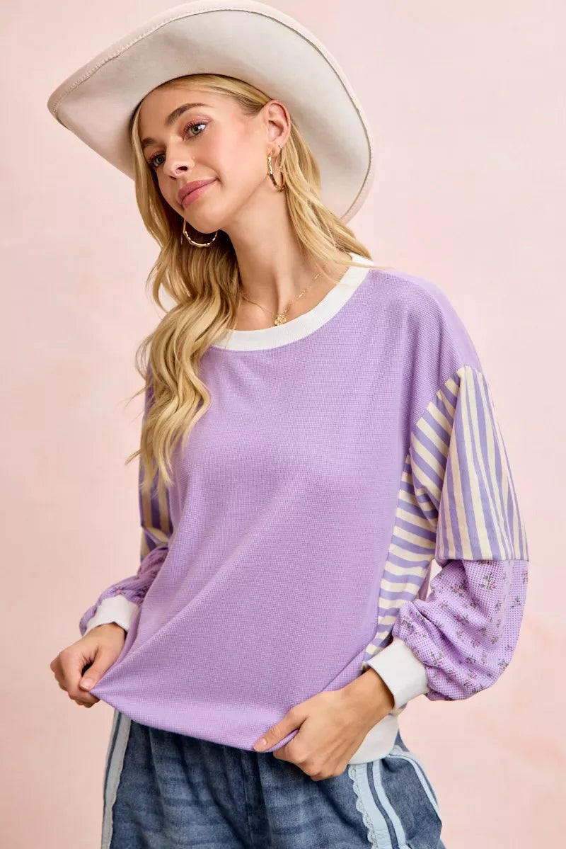 Mix and Match Sweatshirt with Floral Sleeve Striped BiBi