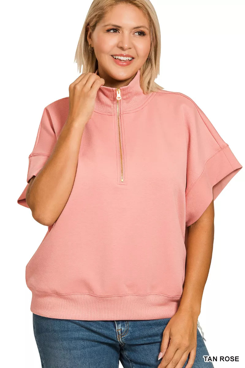 Scuba High Neck Half Zip Short Sleeve Top With Plus Size ZENANA
